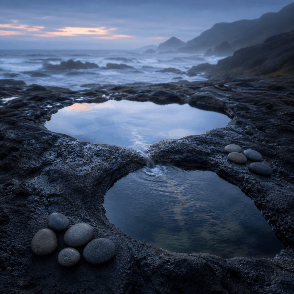 Two connected tidal pools flowing through dark coastal rock at blue hour, symbolising Life Path 8 learning that power may change in scale while still requiring direction, balance and responsibility.