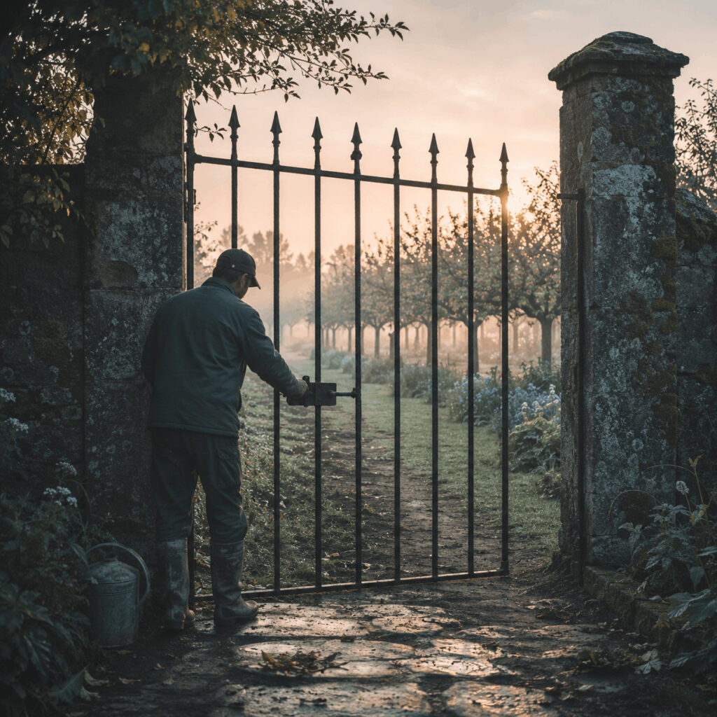 A caretaker opening an iron gate into a misty orchard at dawn, symbolising Life Path 8 using authority to create access, opportunity and wider flourishing.