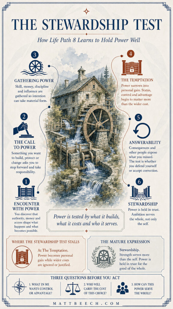 Life Path 8 Stewardship Test infographic showing a waterwheel and six stages of developing power, from encounter and ambition through temptation, answerability and mature stewardship.