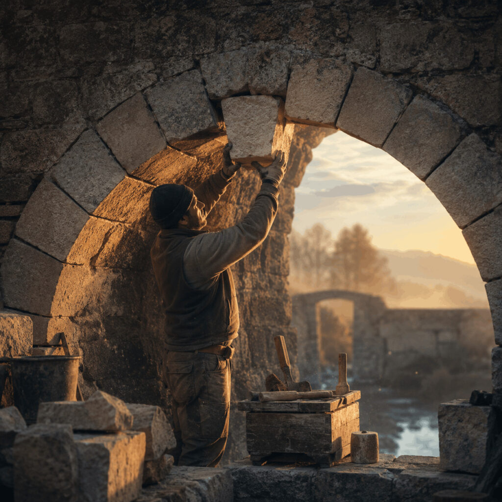 A stonemason carefully setting the final block into an old arch at dawn, symbolising Life Path 8 developing strength, judgement and responsibility through practical action.