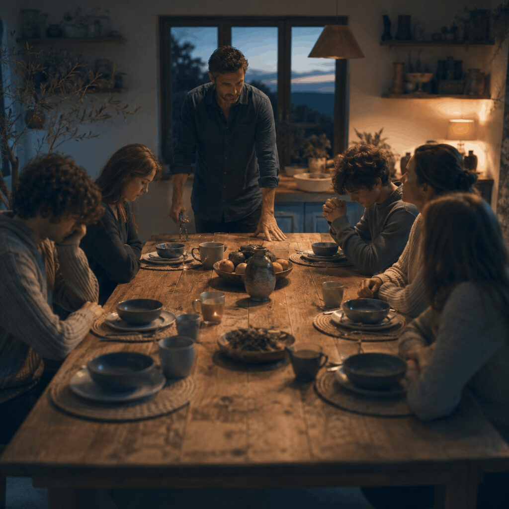 A family sitting in tense silence around a kitchen table while one man stands holding the keys, symbolising the Life Path 8 shadow of responsibility hardening into control and leaving others unheard.