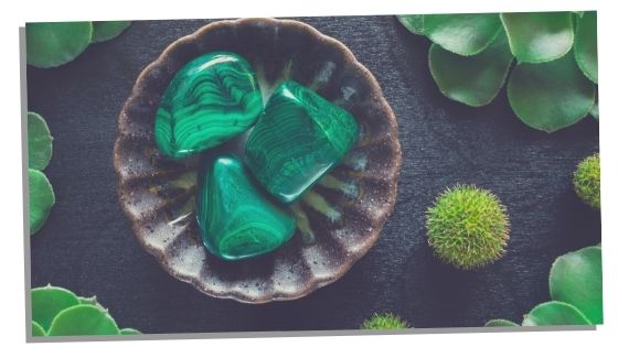 bowl with Malachite crystals in