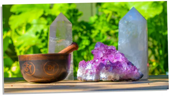 Using a singing bowl to cleanse crystals