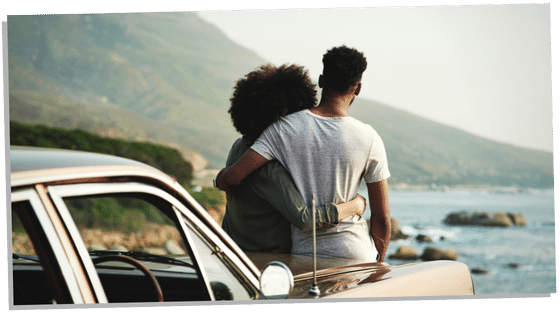 Soulmates couple looking at the sea