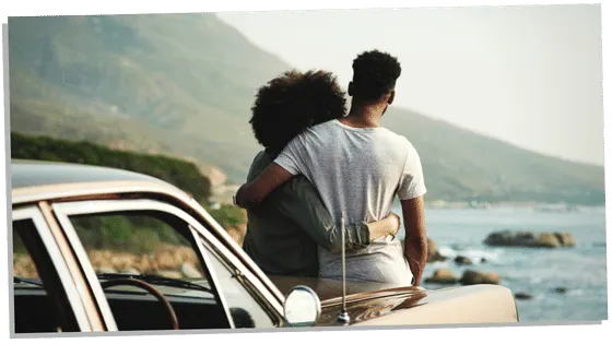 Soulmates couple looking at the sea