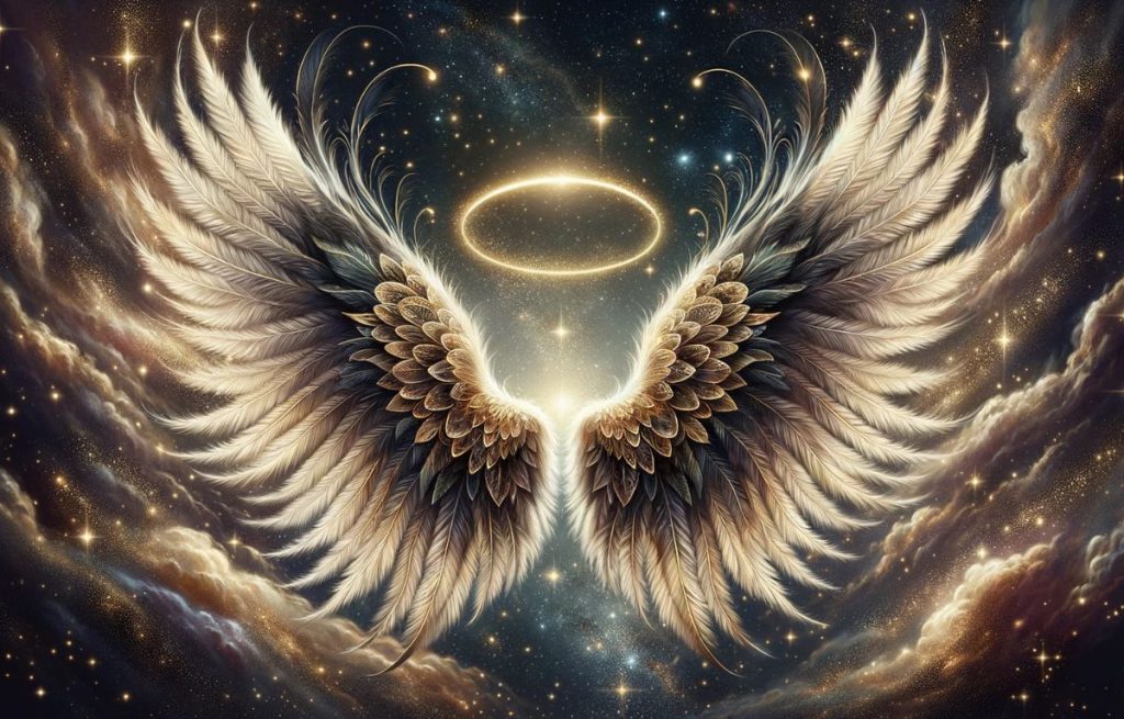 Wings and halo with a cosmic background.