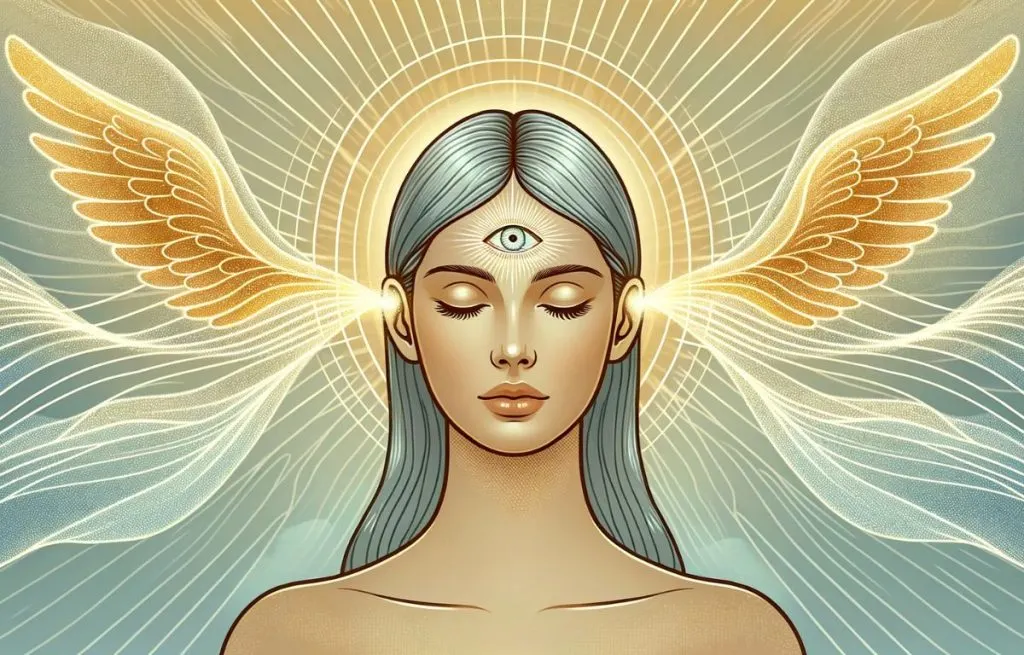 Serene woman's face with open third eye and sound frequencies going into ears