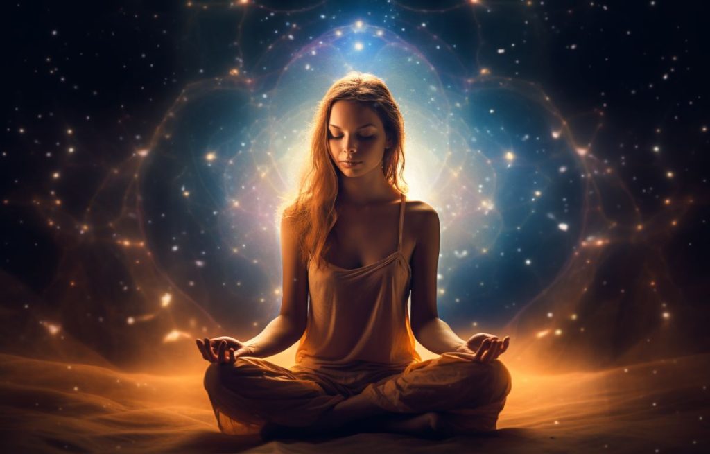 woman in lotus position with spiritual background