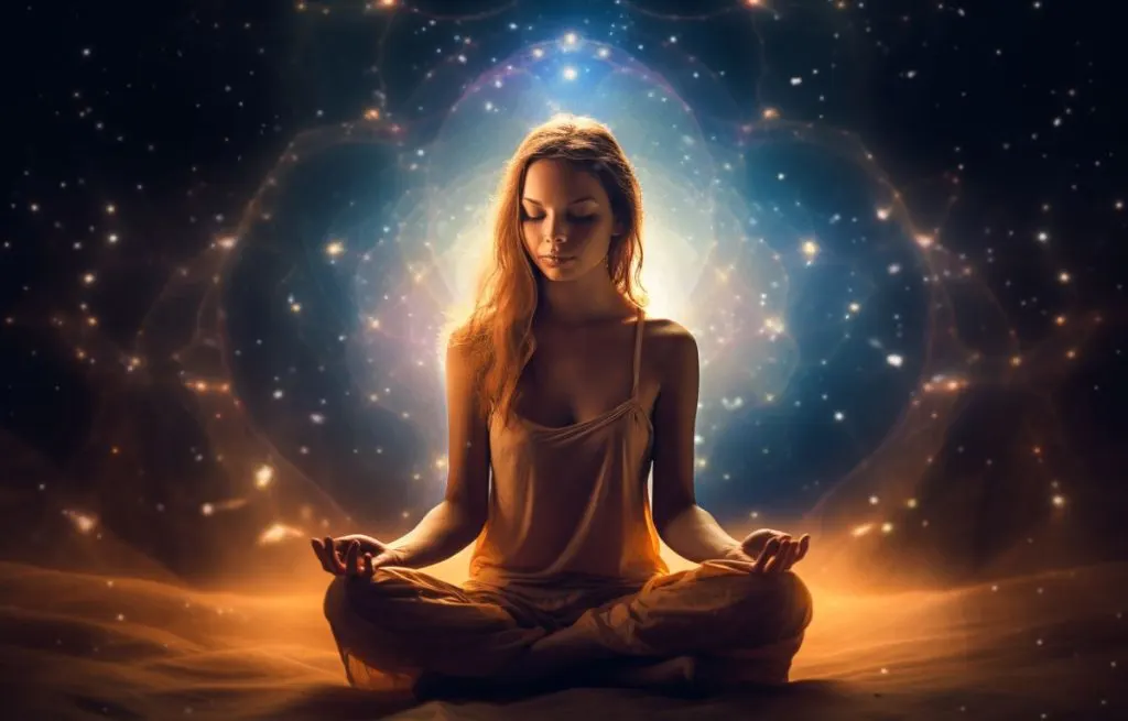 woman in lotus position with spiritual background