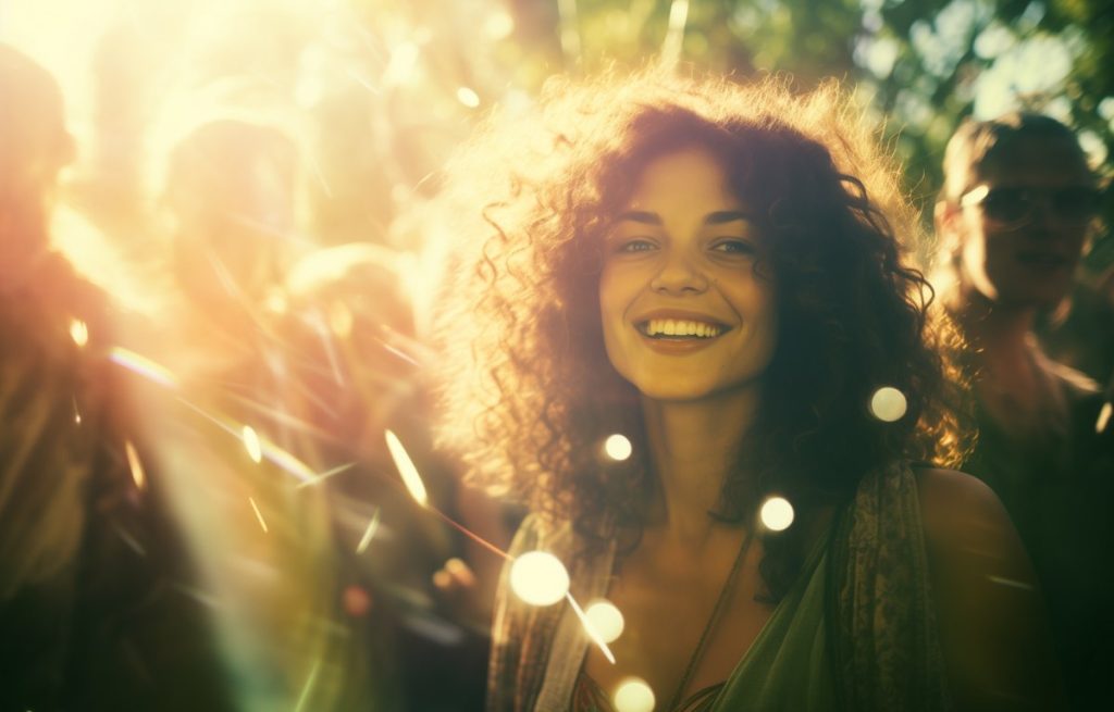 Smiling woman at party raising vibration