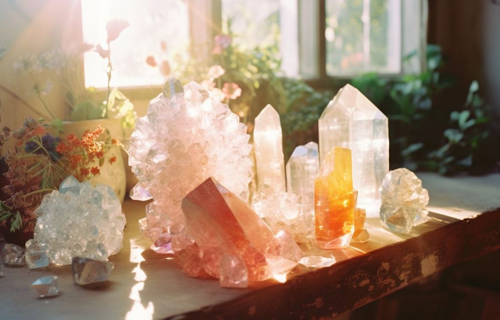 Group of crystals being cleansed on table