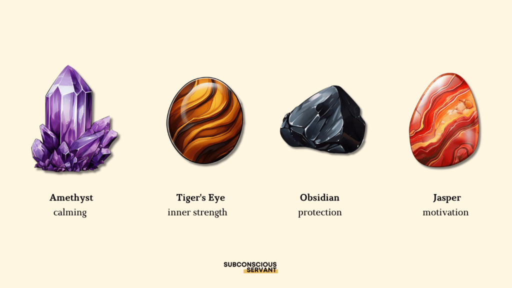 infographic of the meaning of Amethyst, Tiger's Eye, Obsidian and Jasper