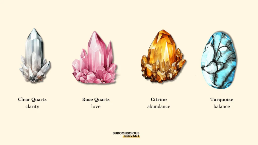 infographic of Clear Quartz, Rose Quartz, Citrine and Turquoise