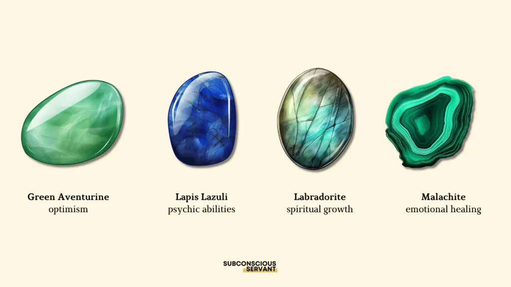 Infographic of Green Aventurine, Lapis Lazuli, Labradorite and Malachite