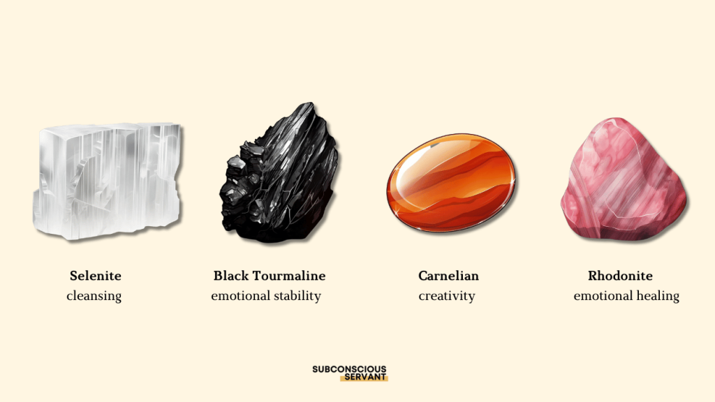 Infographic of Selenite, Black Tourmaline, Carnelian and Rhodonite