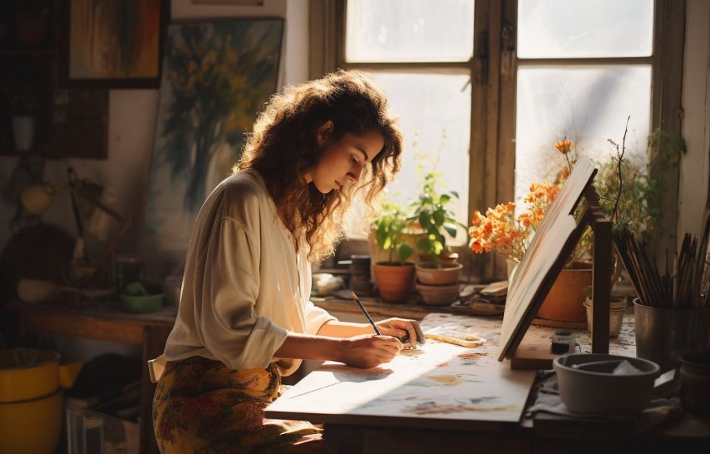 Woman painting on a canvas