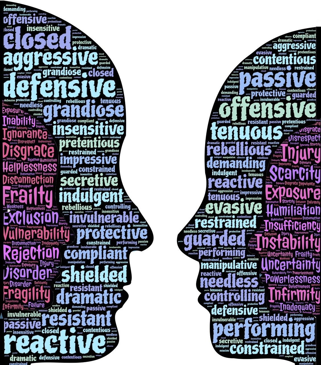security, insecurity, vulnerability, survival, fear, persona, defenses, relationship, protection, ego, conflict, behavior, emotions, upset, couple, faces, profiles, disagreement, resistance, opposition, communication, defensive, protective, resistant, feelings, self judgment, weakness, compensation, adaptations, behavior, behavior, behavior, behavior, behavior