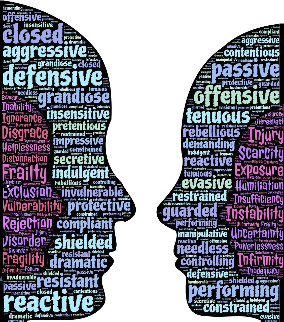 security, insecurity, vulnerability, survival, fear, persona, defenses, relationship, protection, ego, conflict, behavior, emotions, upset, couple, faces, profiles, disagreement, resistance, opposition, communication, defensive, protective, resistant, feelings, self judgment, weakness, compensation, adaptations, behavior, behavior, behavior, behavior, behavior